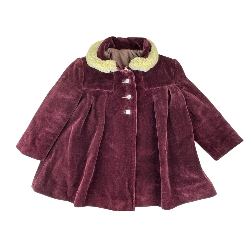 Vintage Toddler Velvet Coat Burgundy  Red Christmas Collared Trapeze Retro 2T